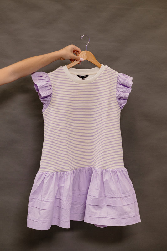 Striped Knit Ruffled Pleated Dress